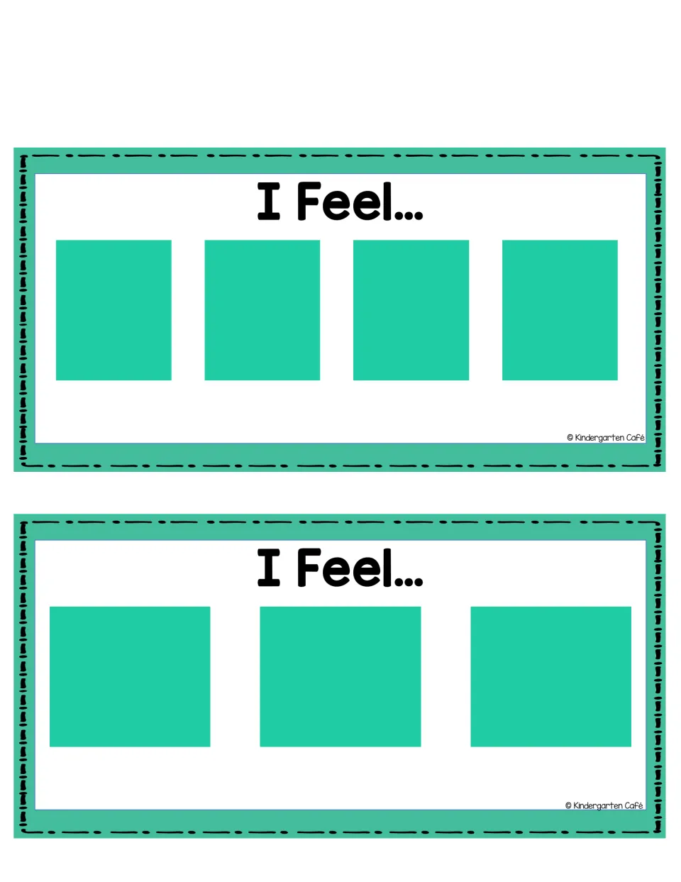 I Feel sentence strips in color: two teal mats with four and three spaces where students place emotion picture cards