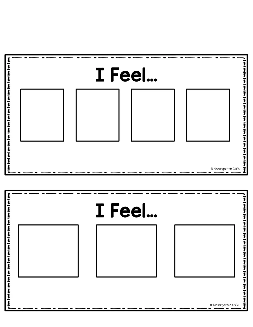 Black-and-white I Feel strips, one with four spaces and one with three, for students to show how they feel with cards