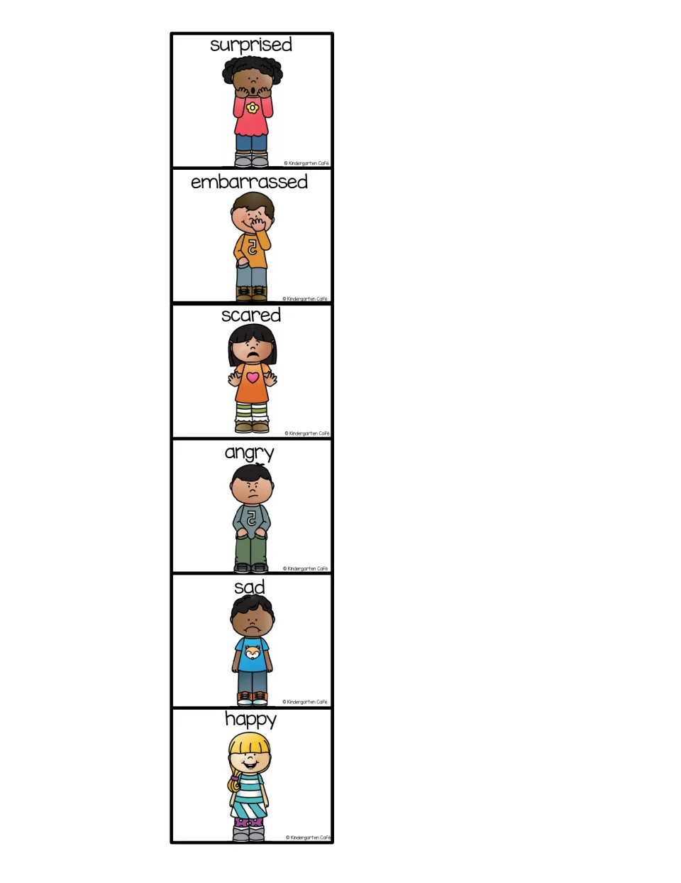 Color emotion cards to cut apart: surprised, embarrassed, scared, angry, sad and happy, each showing a labeled child