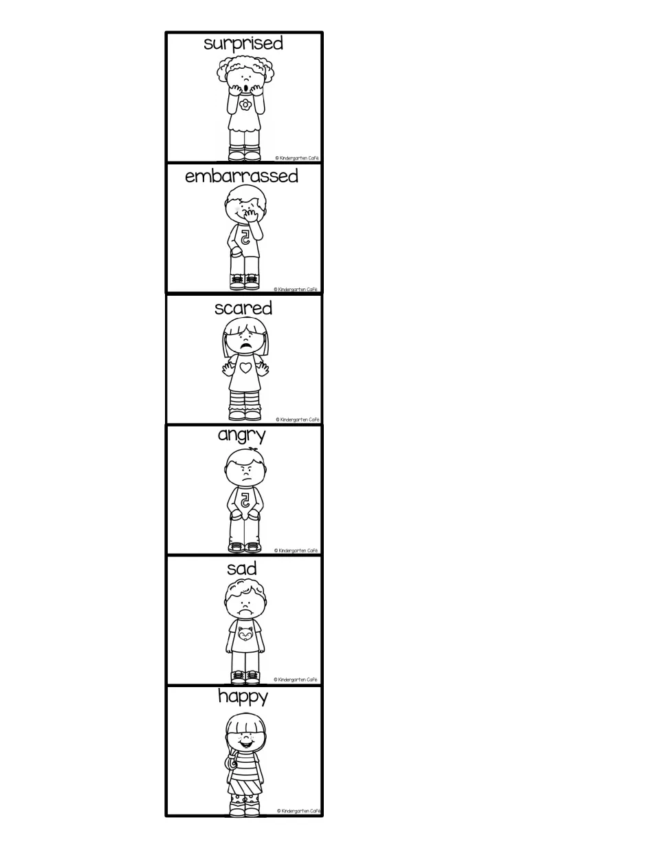 Black-and-white emotion cards: surprised, embarrassed, scared, angry, sad and happy, each a labeled line-art child