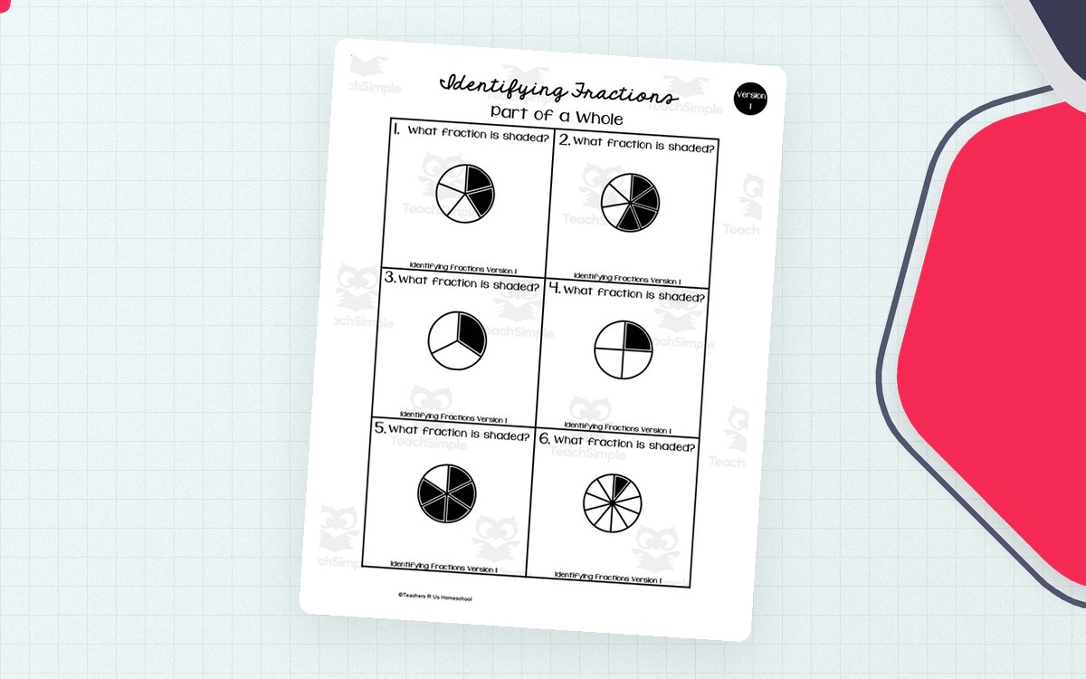 Identifying Fractions worksheet with six divided circles and shaded sections for naming parts of a whole.