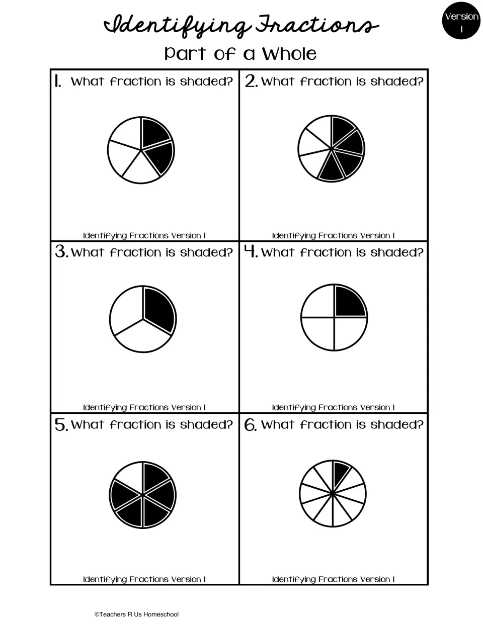 Part of a whole, version 1: students name the shaded fraction of six circles cut into 3 to 10 equal parts