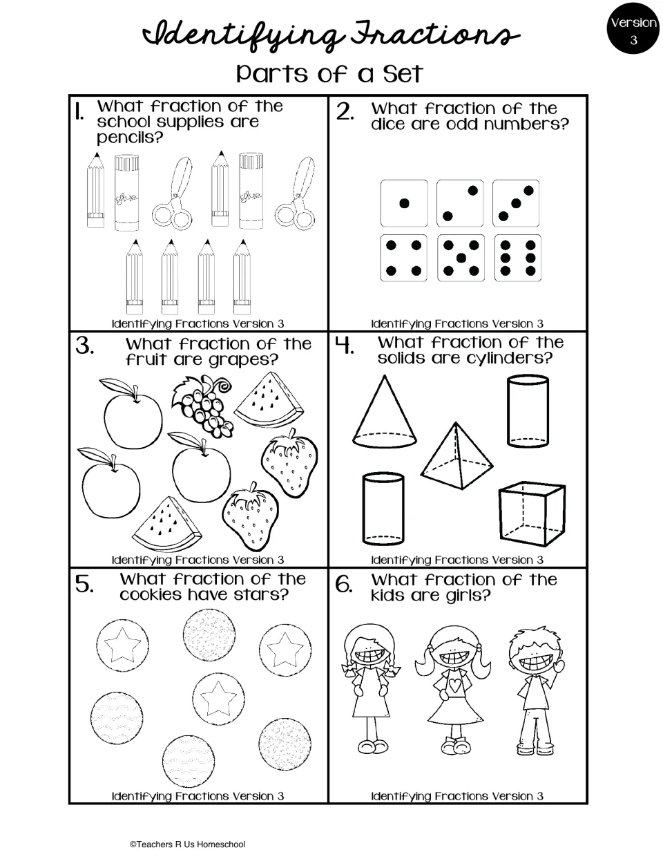 Parts of a set, version 3: students find the fraction of pencils, odd dice, grapes, cylinders, star cookies and girls