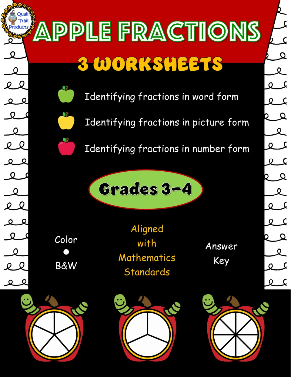 Cover introducing three apple-themed fraction worksheets for grades 3–4, with color versions and answer keys
