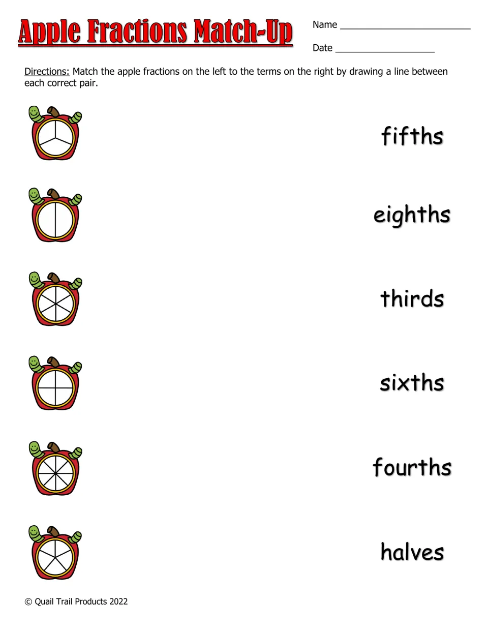 Color matching worksheet: connect six divided apples to the words halves, thirds, fourths, fifths, sixths, and eighths