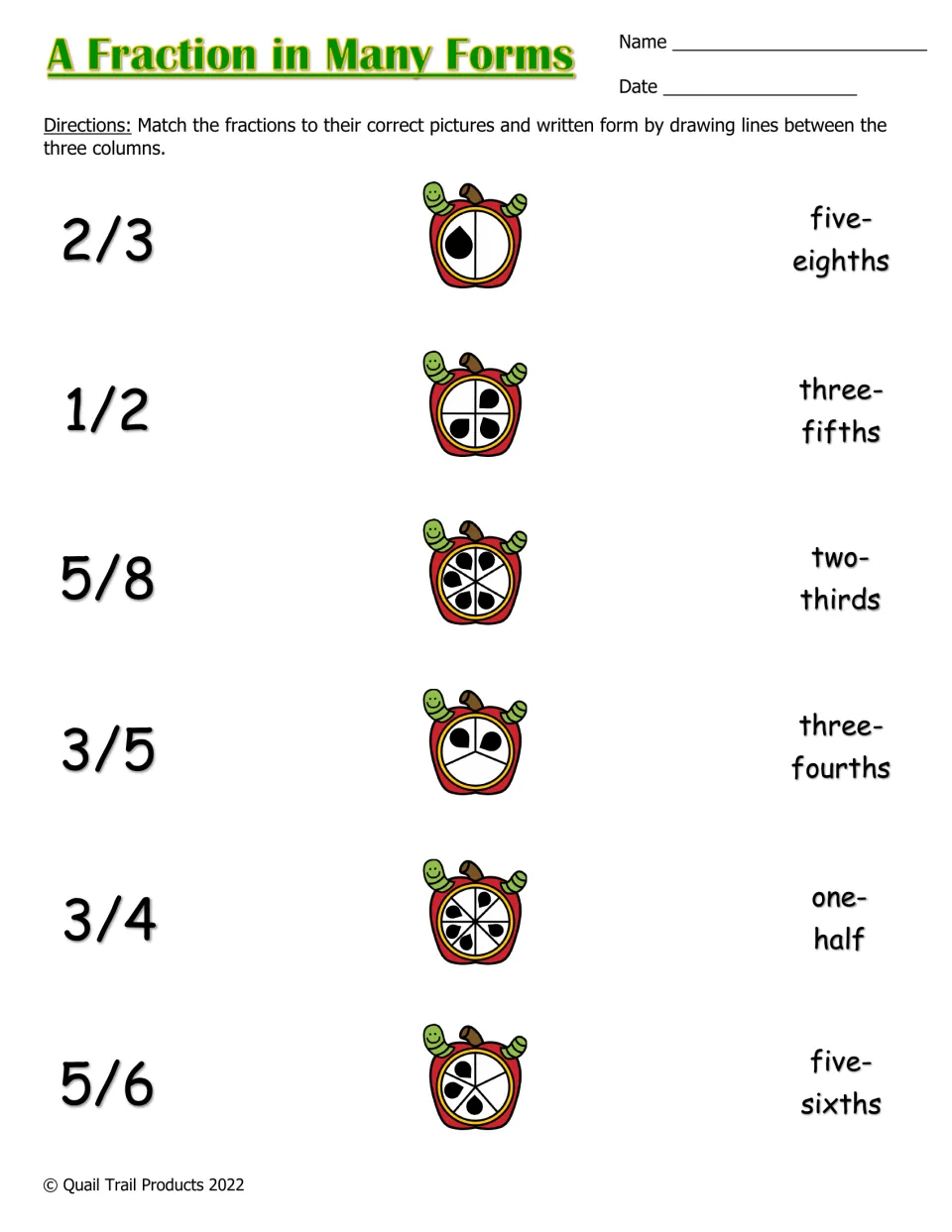 Color fraction worksheet: match 2/3, 1/2, 5/8, 3/5, 3/4, and 5/6 to apple pictures and written fraction names