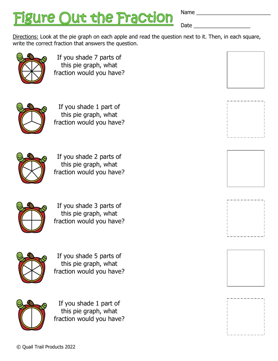 Color fraction worksheet: use six divided apples to write fractions for shading 7, 1, 2, 3, 5, and 1 parts