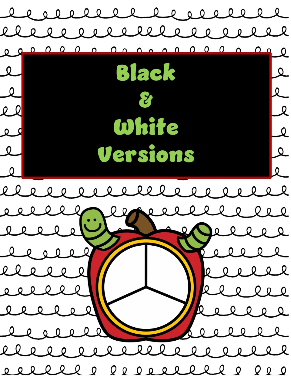 Section divider labeled “Black & White Versions” introduces the three repeated apple fraction worksheets
