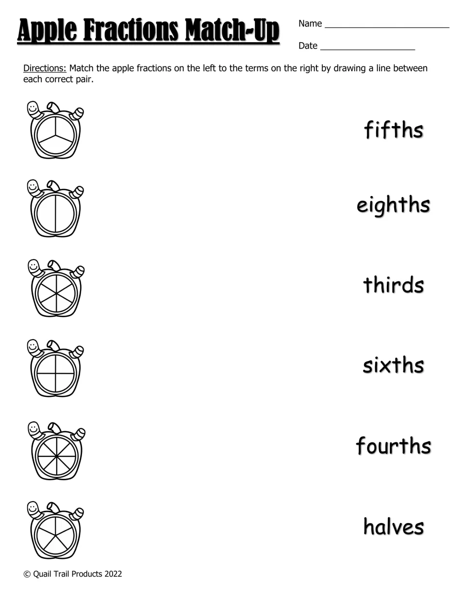 Black-and-white matching worksheet: connect six apple models to fraction names from halves through eighths