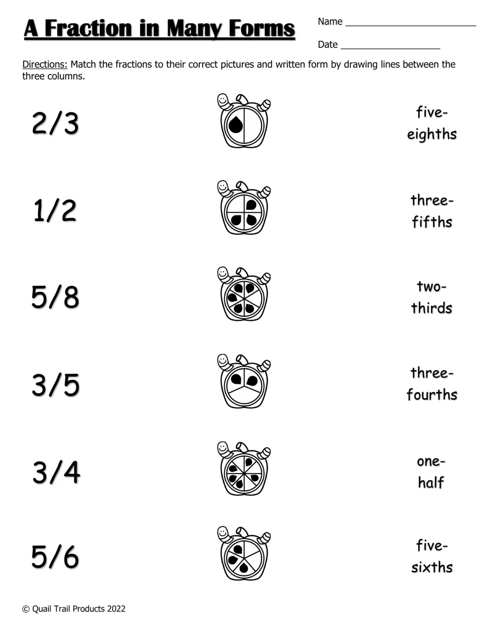 Black-and-white fraction worksheet: match 2/3, 1/2, 5/8, 3/5, 3/4, and 5/6 to apple models and word forms