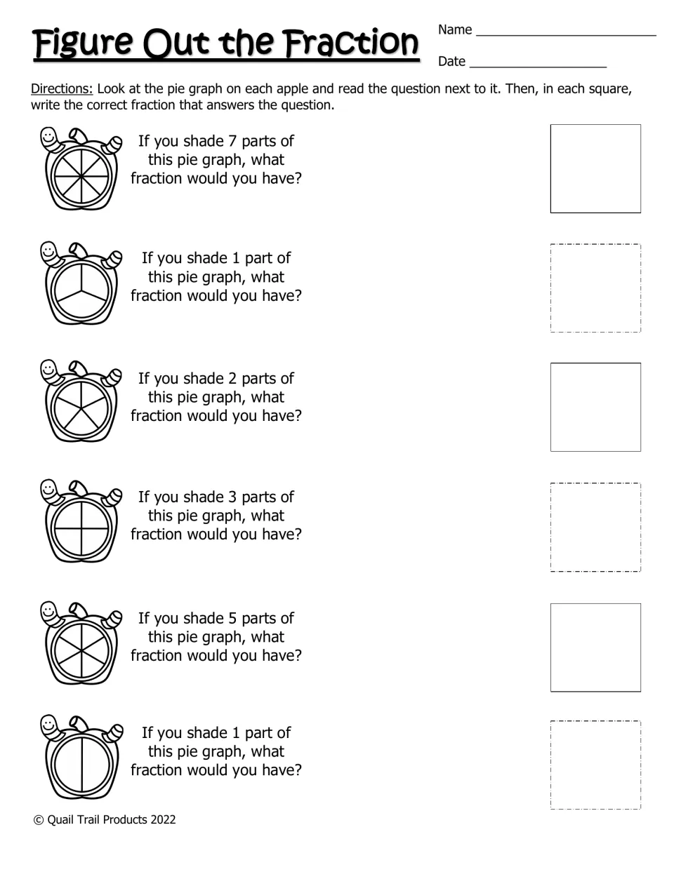 Black-and-white fraction worksheet: six prompts ask for fractions represented by specified parts of apples