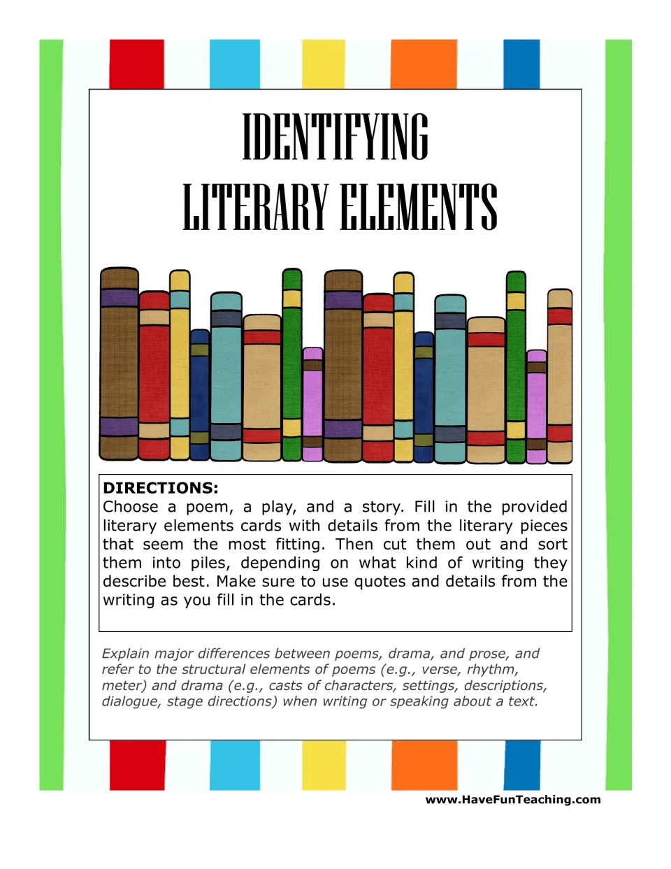 Literary elements title page with directions: pick a poem, play and story, fill in cards with quotes, then cut and sort