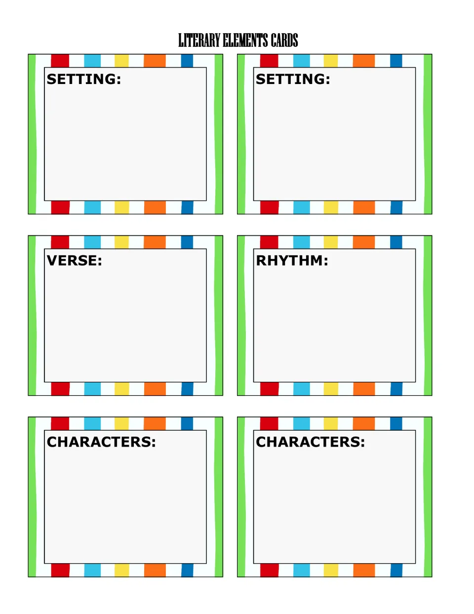Literary elements cards: students write text details for two setting, verse, rhythm and two characters cards to cut out
