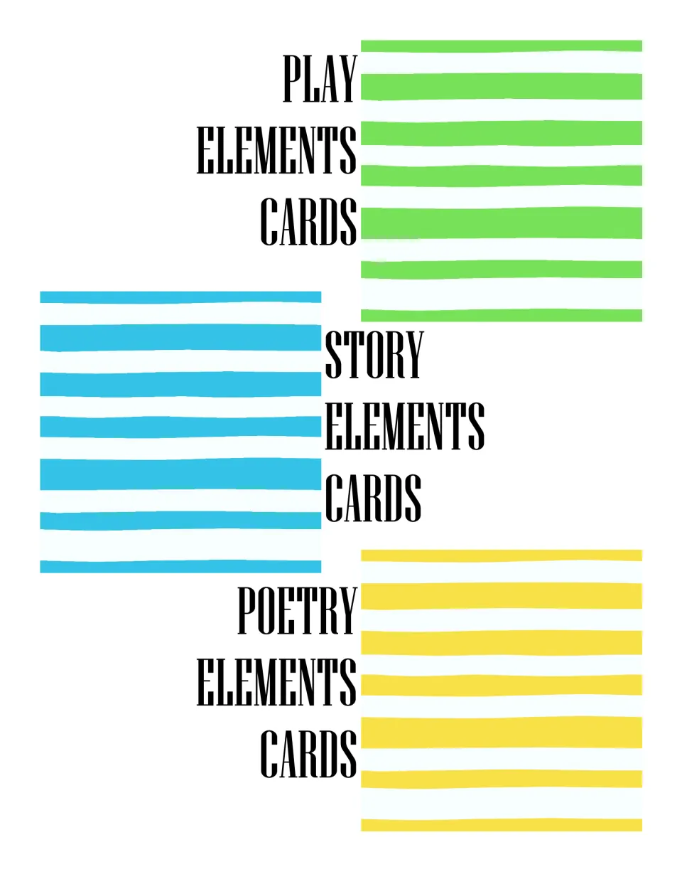 Sorting labels for play, story and poetry elements cards, used to group the completed cards by the kind of writing