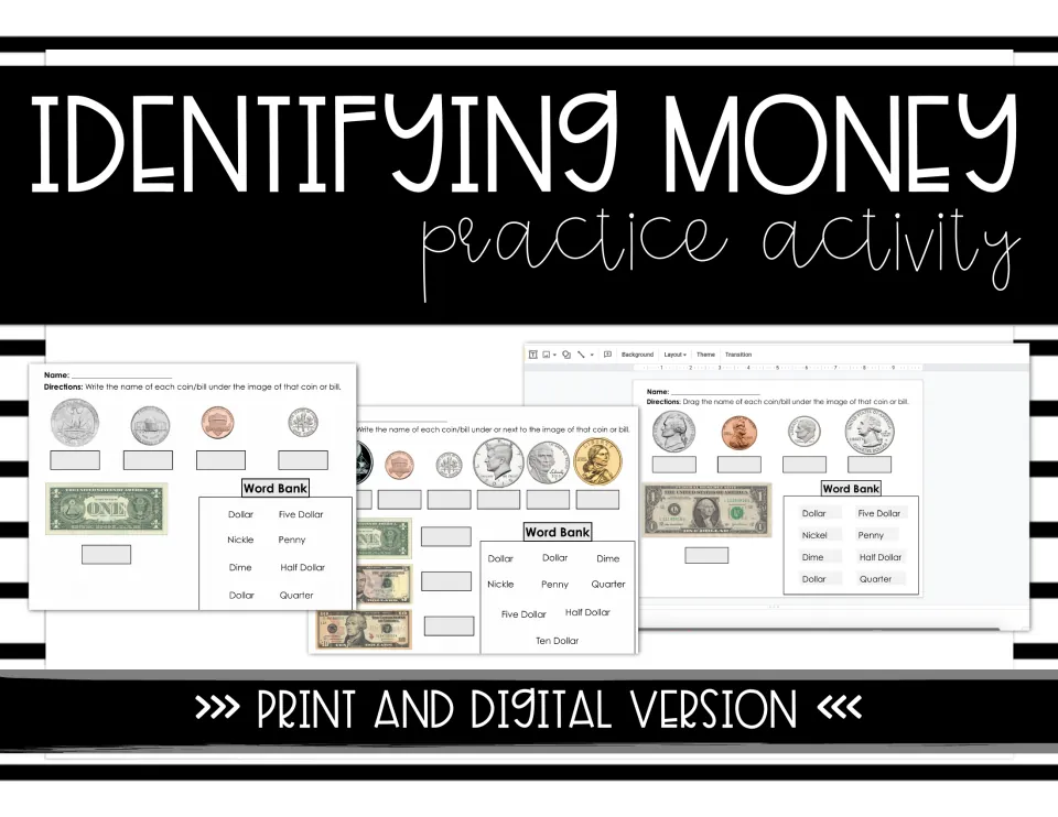 Identifying Money Practice cover showing sample coin and bill naming activities in print and digital versions