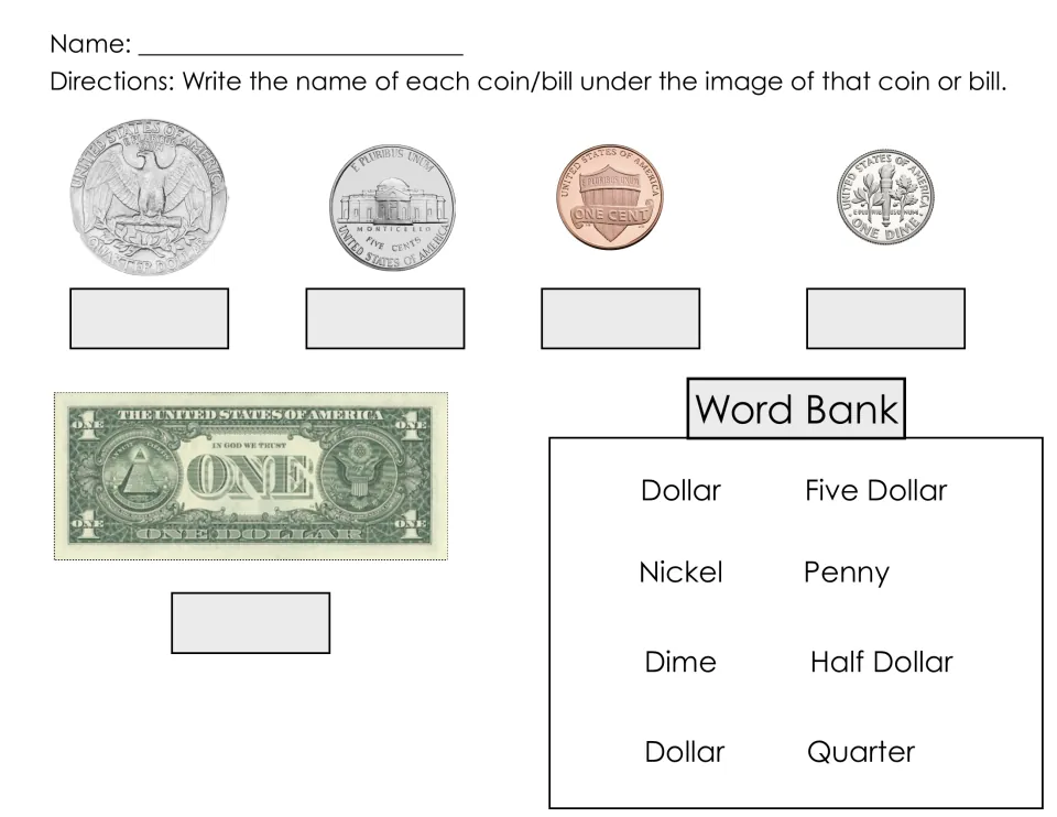Money naming practice: reverse sides of a quarter, nickel, penny, dime, and one-dollar bill, with a word bank