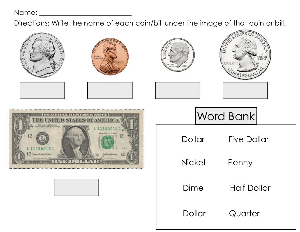 Money naming practice: front sides of a nickel, penny, dime, quarter, and one-dollar bill, with a word bank