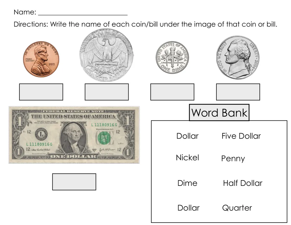 Money naming practice: a penny, quarter, dime, nickel, and one-dollar bill, mixing front and reverse views