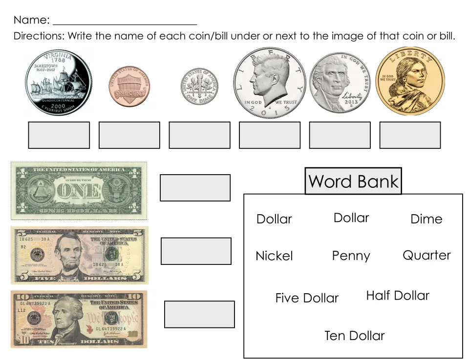Nine-item money naming practice: six US coins and one-, five-, and ten-dollar bills, supported by a word bank