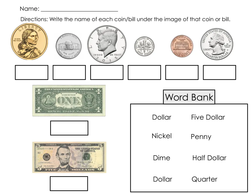 Eight-item money naming practice: dollar coin, nickel, half dollar, dime, penny, quarter, and two bills
