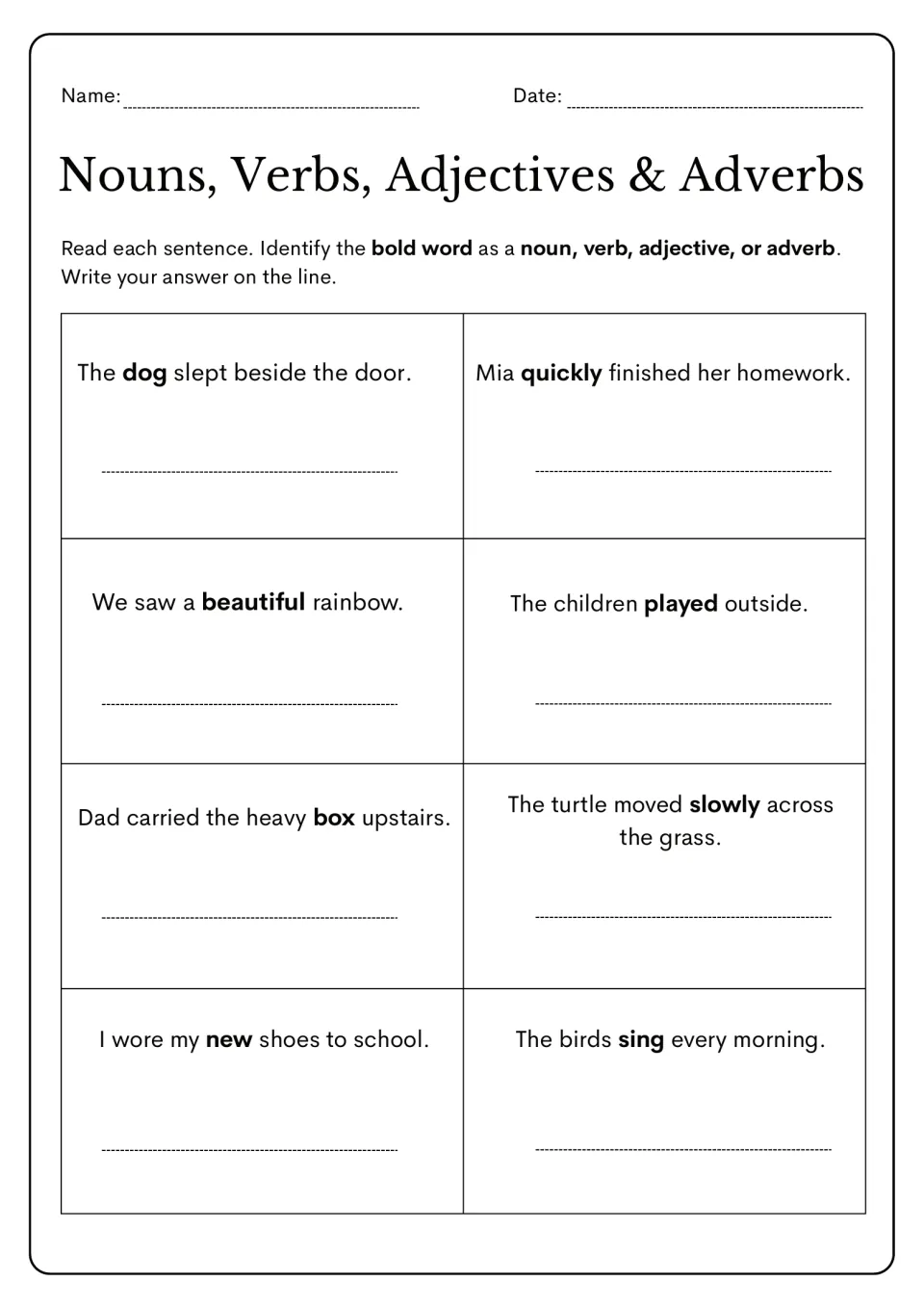 Parts-of-speech practice: classify eight bold words in sentences, including dog, quickly, beautiful, and played