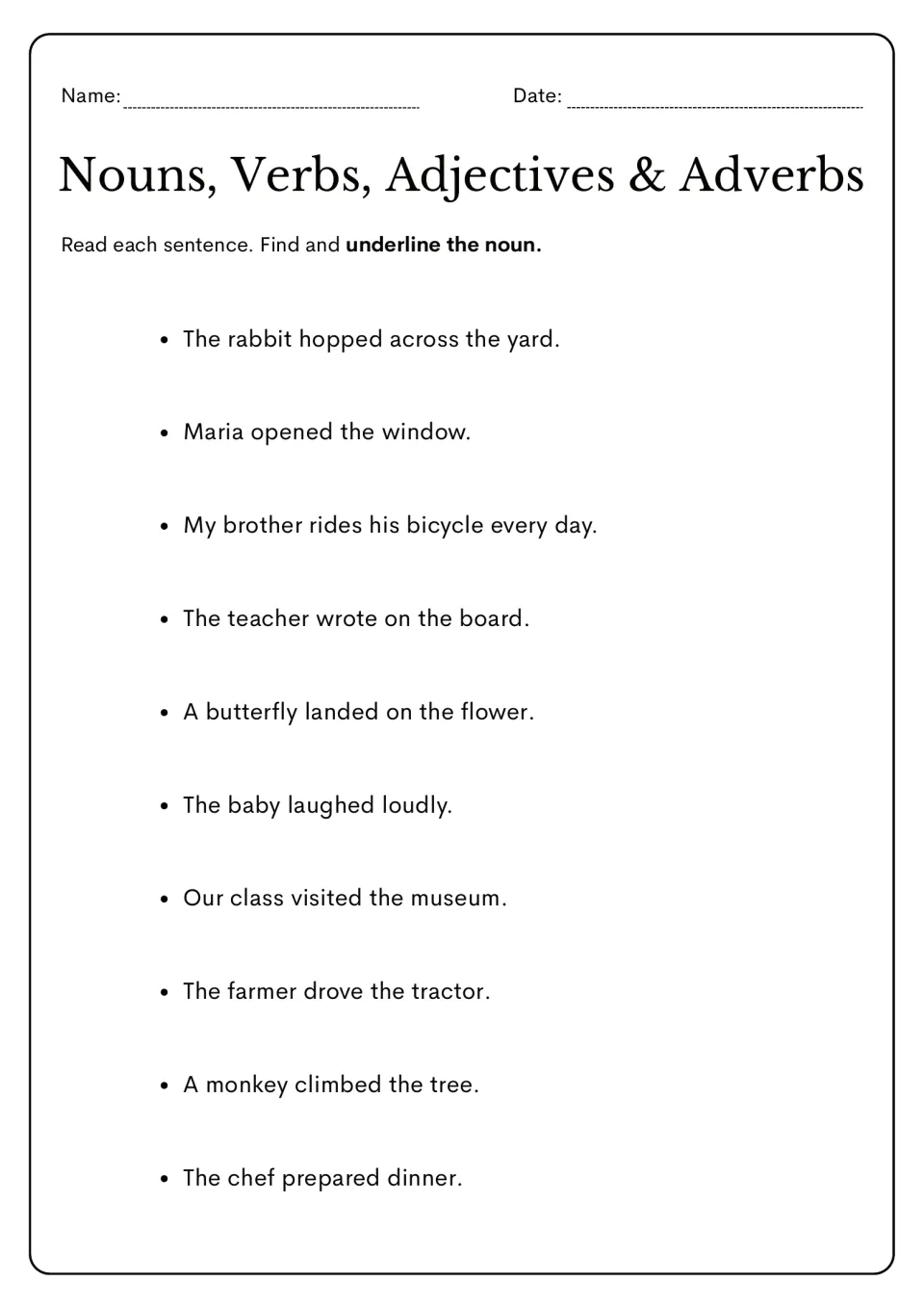 Noun practice: underline nouns in ten sentences, including 'The rabbit hopped across the yard.'