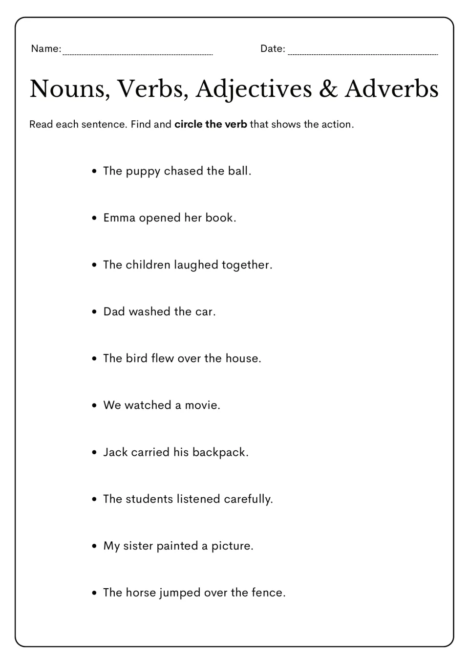 Action verb practice: circle verbs in ten sentences, including 'The puppy chased the ball.'