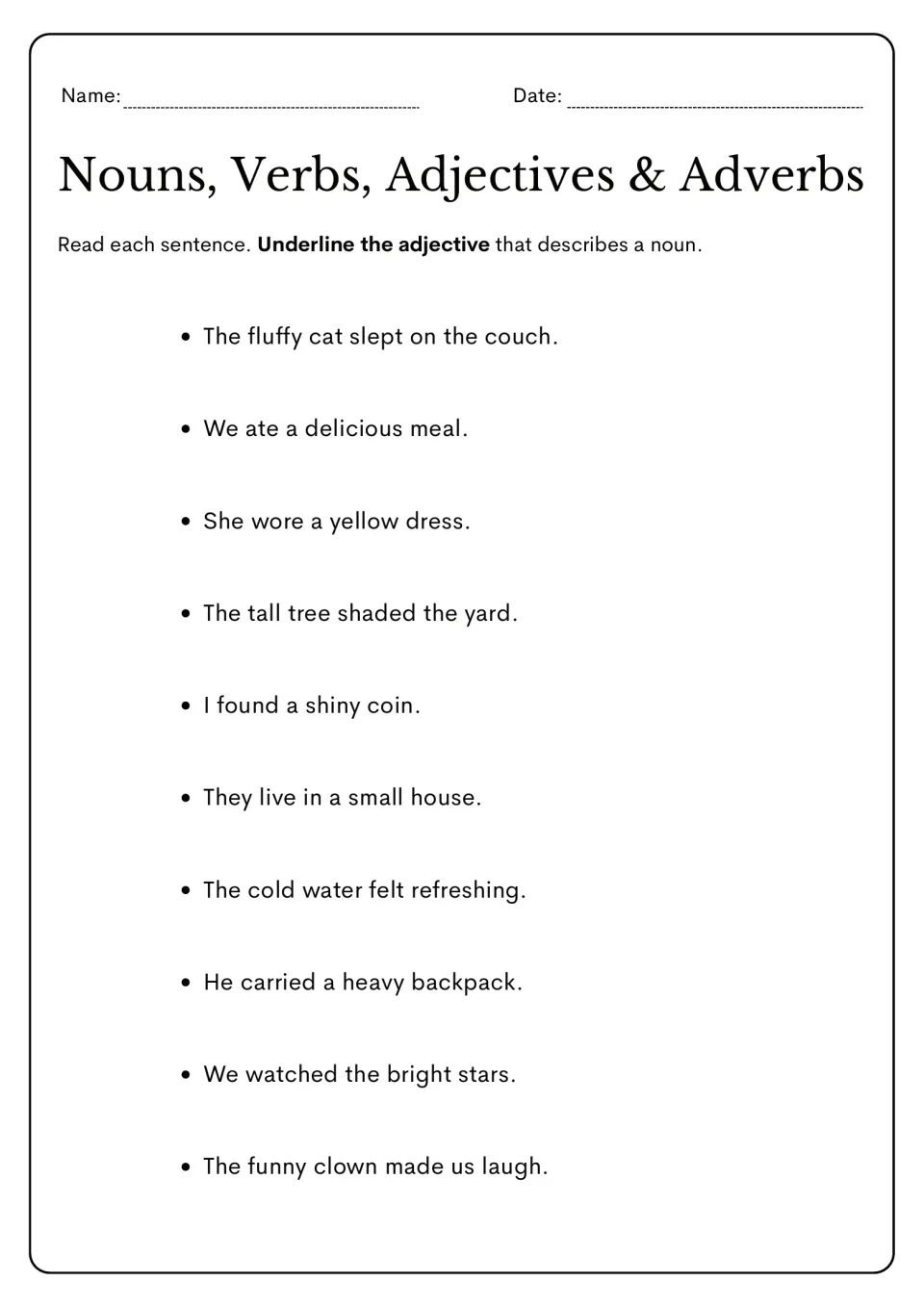 Adjective practice: underline describing words in ten sentences, including 'She wore a yellow dress.'