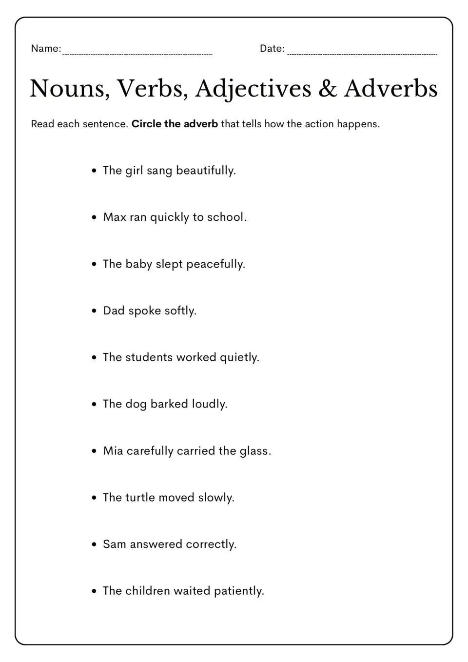 Adverb practice: circle words telling how actions happen in ten sentences, including 'Dad spoke softly.'