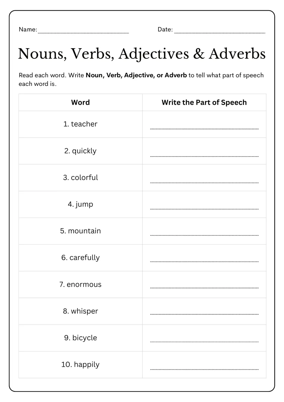 Word classification practice: label teacher, quickly, colorful, jump, and six more words by part of speech