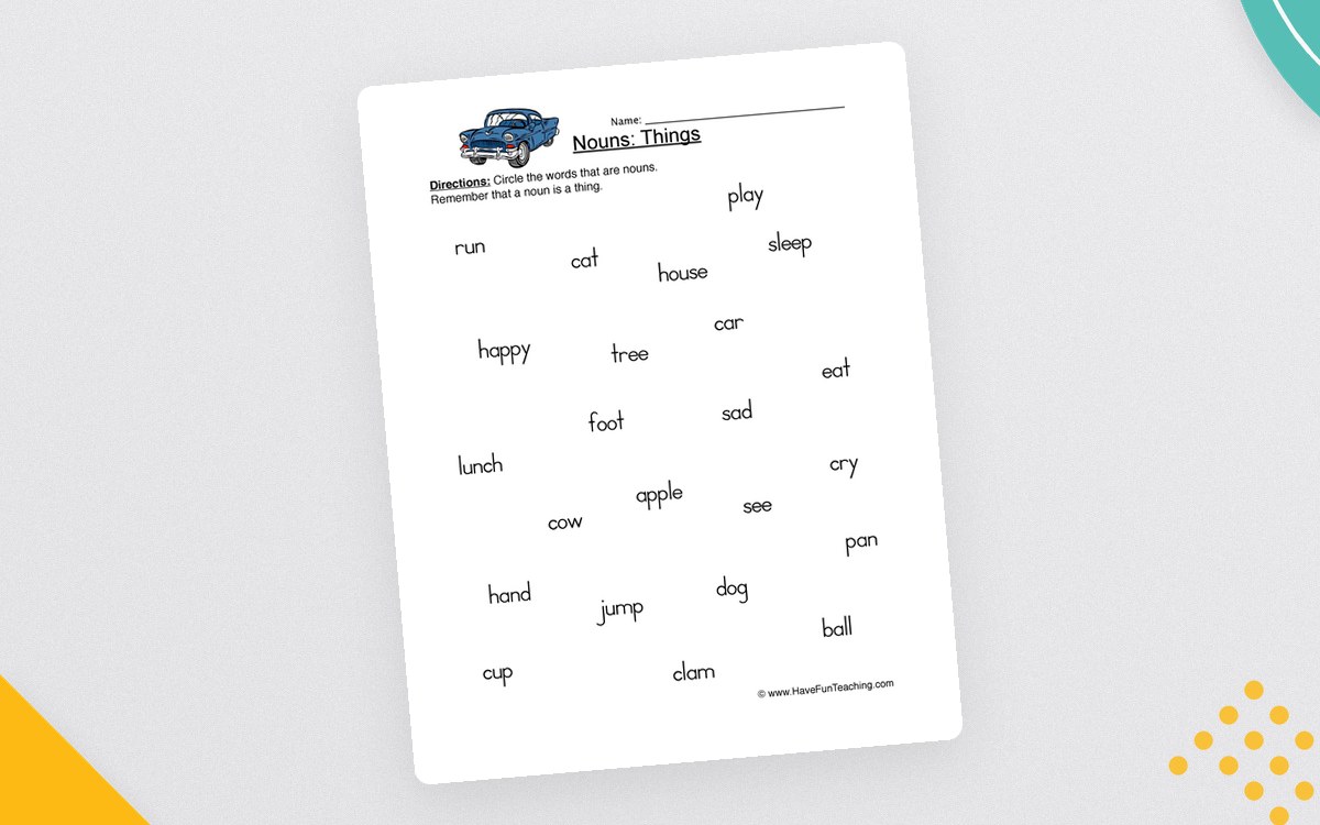 Identifying Nouns Worksheet preview: A one-page noun identification worksheet