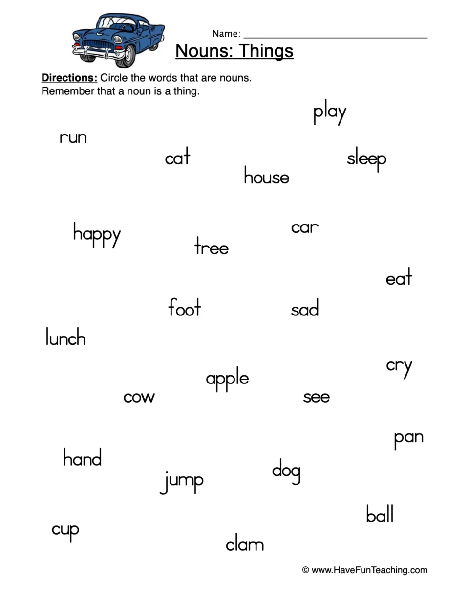 Nouns: Things - students circle the nouns, such as cat, tree and apple, among verbs and adjectives like run and sad