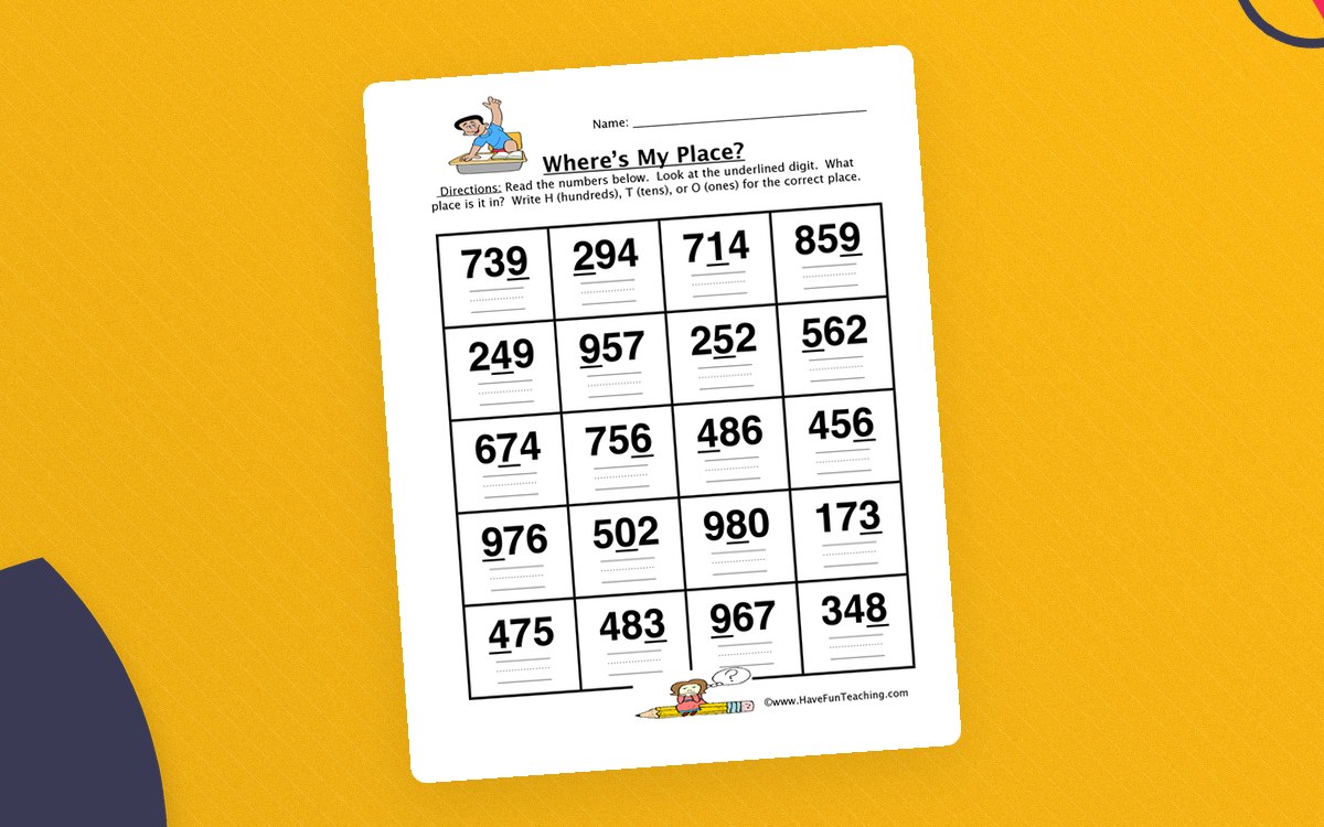 Identifying Place Value Worksheet preview: A three-digit place-identification worksheet