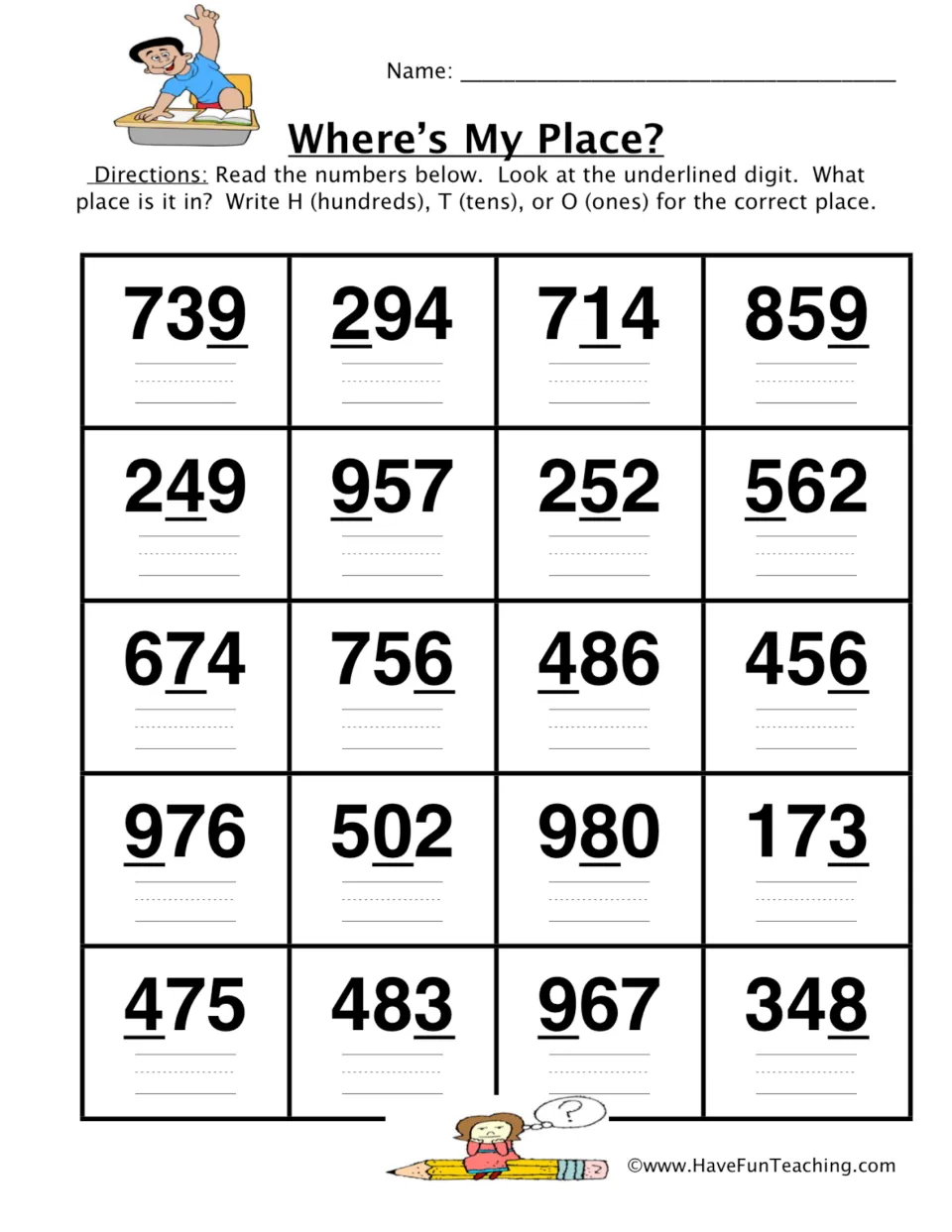 Where's My Place? place value: students write H, T or O for the underlined digit in 20 three-digit numbers