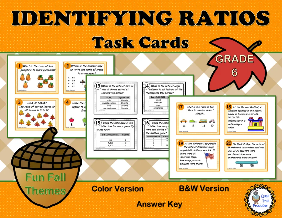 Identifying Ratios Task Cards cover for grade 6, showing sample cards and listing color, B&W, and answer key
