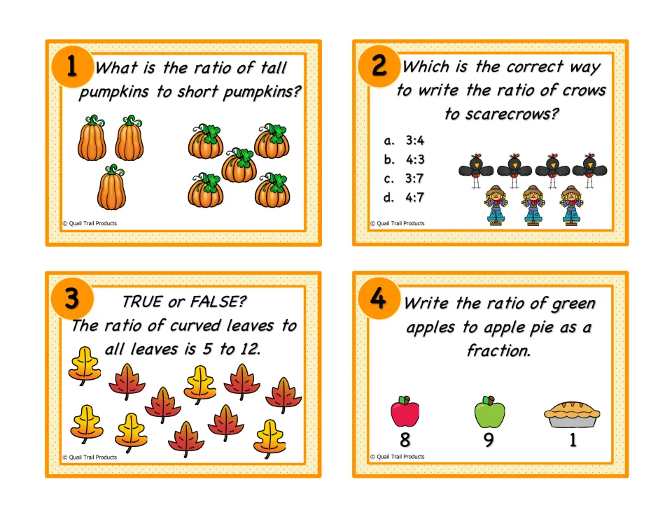Color ratio task cards 1–4 compare tall and short pumpkins, crows and scarecrows, leaves, and apples to pie