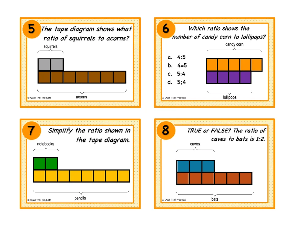 Color ratio task cards 5–8 use tape diagrams for squirrels and acorns, candy, school supplies, and caves