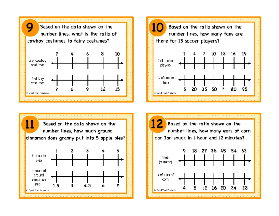 Color ratio task cards 9–12 use double number lines for costumes, soccer fans, cinnamon, and ears of corn