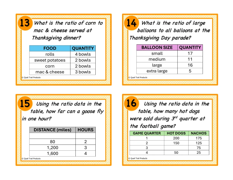 Color ratio task cards 13–16 use tables of Thanksgiving foods, parade balloons, goose flight, and hot dogs