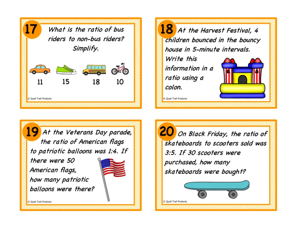 Color ratio task cards 17–20 cover bus riders, a harvest festival, parade flags, and Black Friday sales