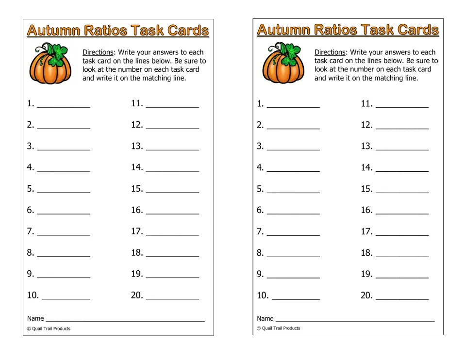 Student recording sheet for autumn ratio task cards, printed twice, with numbered answer spaces 1–20