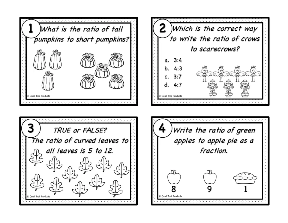 Black-and-white ratio cards 1–4 compare pumpkins, crows and scarecrows, curved leaves, and apples to pie