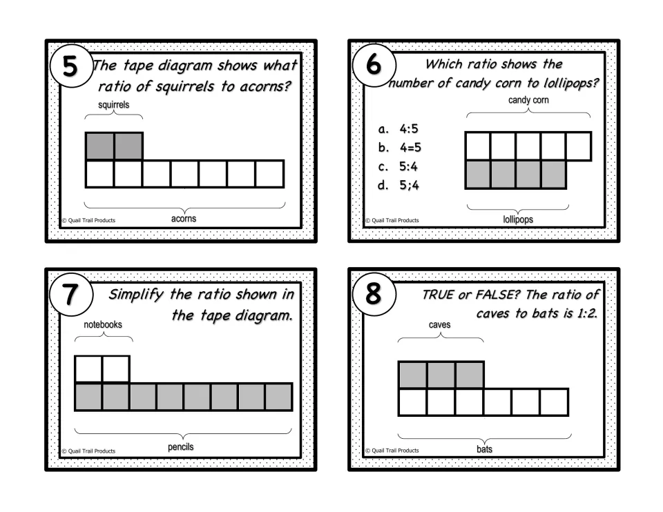 Black-and-white ratio cards 5–8 use tape diagrams for acorns, candy, notebooks and pencils, and caves and bats