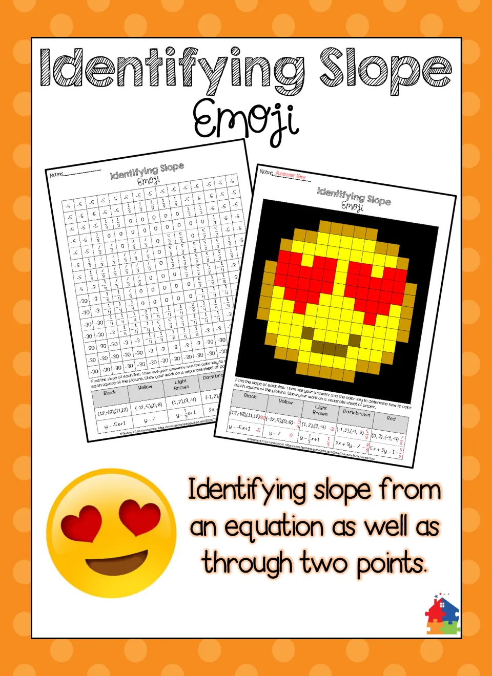 Cover of the heart-eyes emoji slope activity, introducing slope from equations and pairs of points.