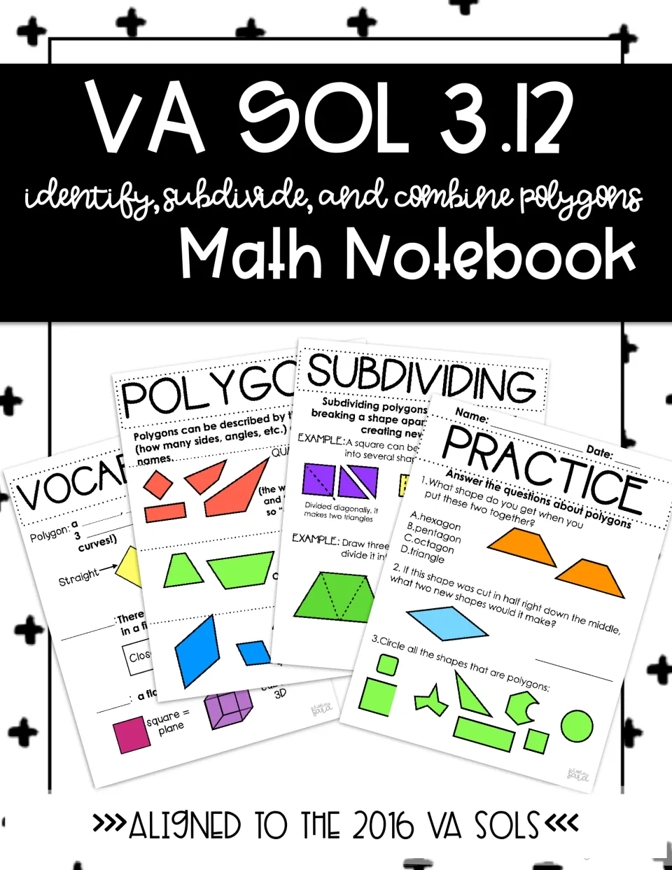 Cover: math notebook on identifying, subdividing and combining polygons, showing vocabulary, polygon and practice pages