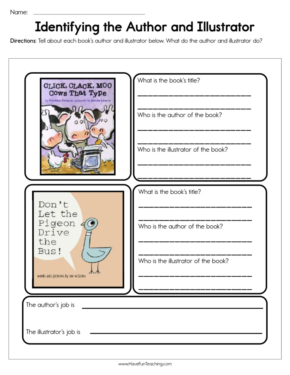Author and illustrator: students read two book covers and write each title, author and illustrator, then explain both jobs