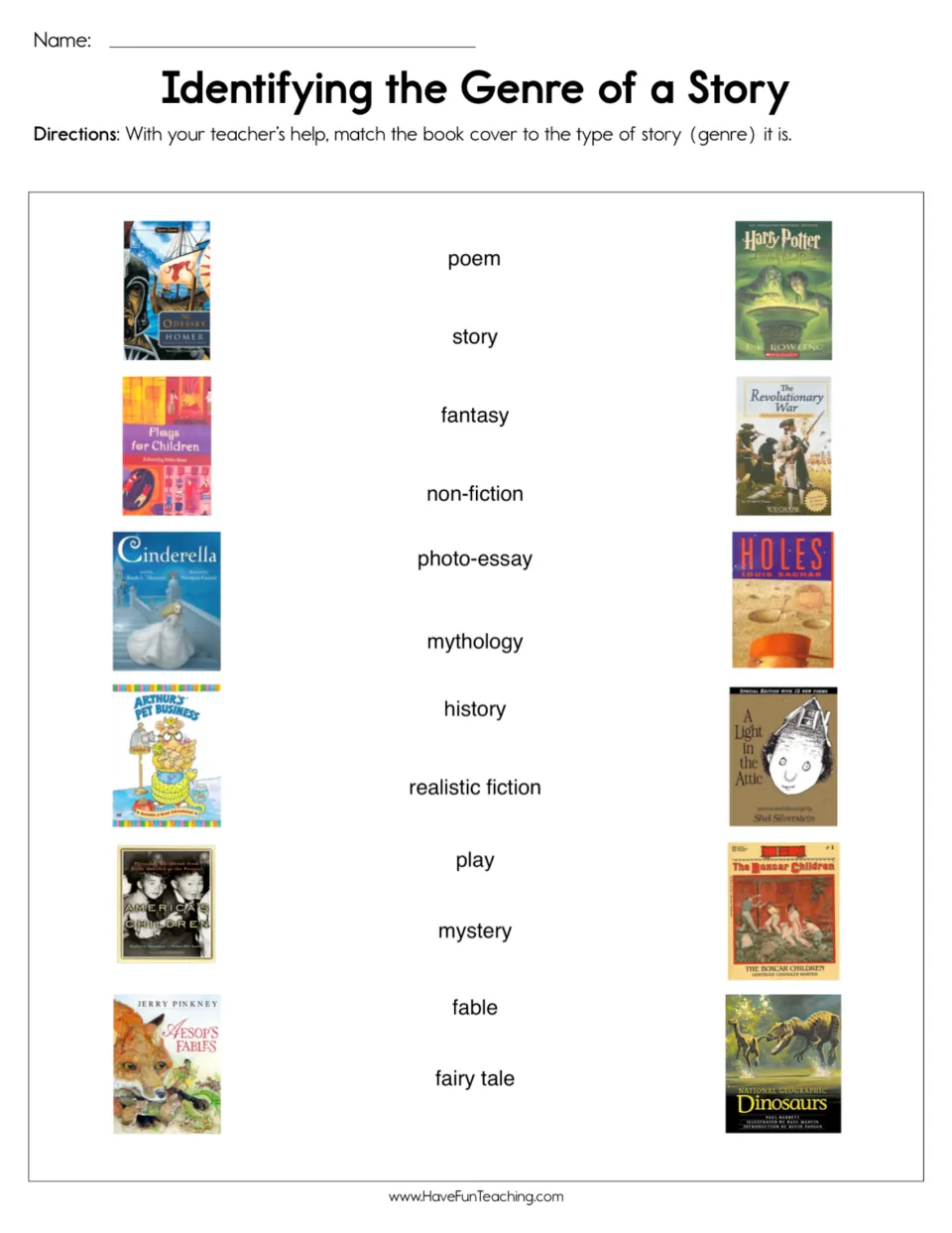 Story genre matching: students match 12 book covers to genres such as fable, mythology, play, poem and mystery