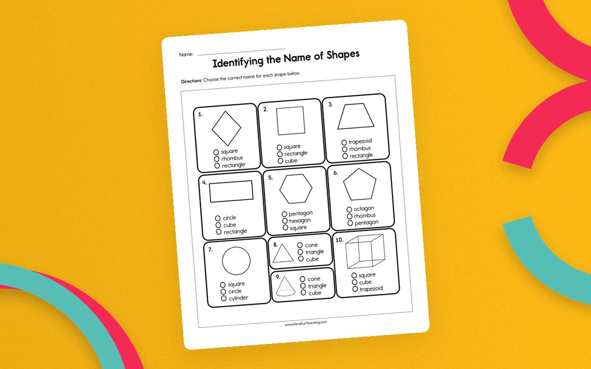 Shape-name worksheet with ten pictured flat and solid shapes and multiple-choice labels