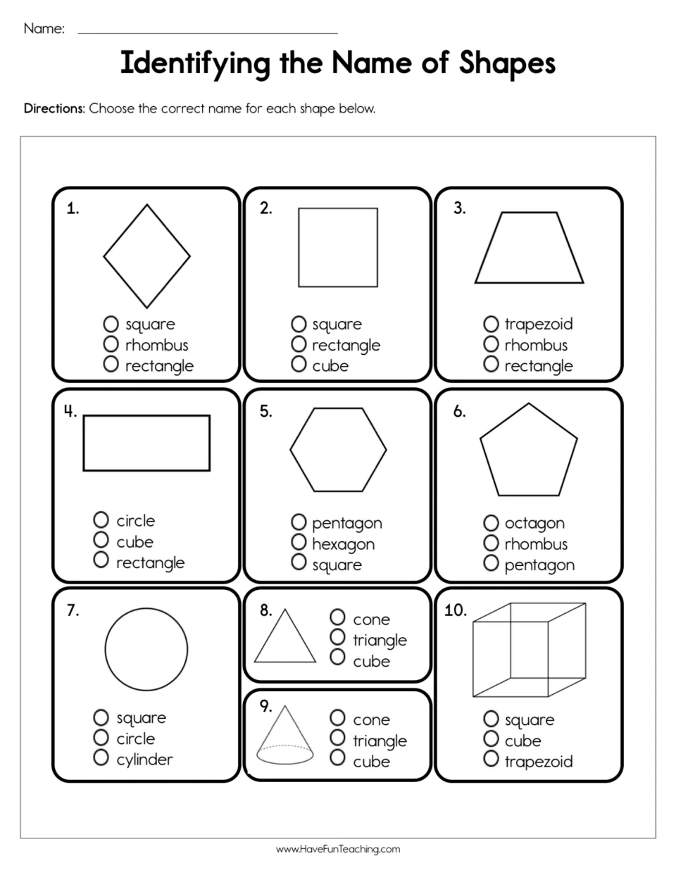 Naming 2D and 3D shapes: students choose the correct name for 10 shapes, from rhombus and hexagon to cone and cube