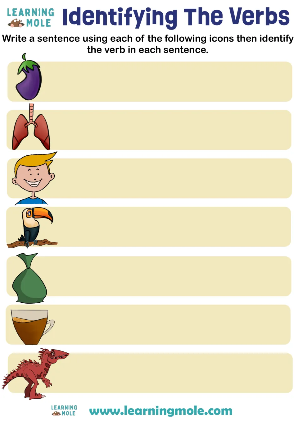 Finding verbs: students write a sentence for each of 7 pictures, like an eggplant, lungs and a toucan, then name the verb